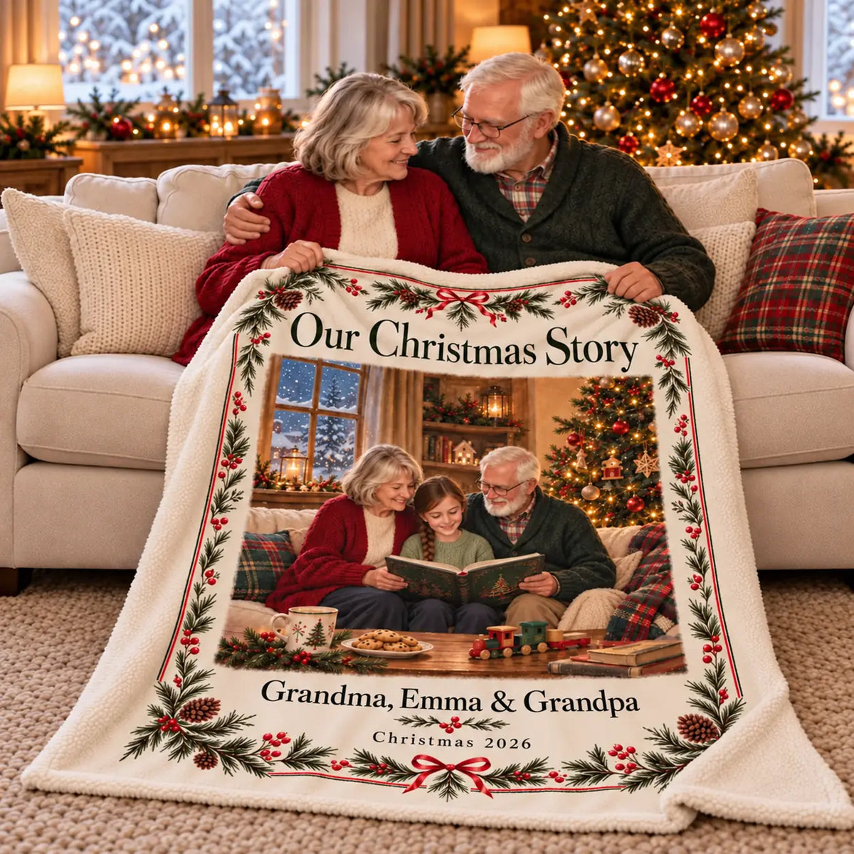 Illustrative design preview. Grandparents sharing the Our Christmas Story sherpa blanket, showing the sample family picture and Grandma, Emma & Grandpa personalization.
