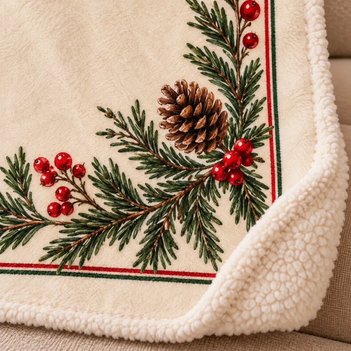 Illustrative close-up of the Christmas blanket's printed evergreen and berry border with a folded sherpa reverse; design and texture preview, not a physical sample photograph.