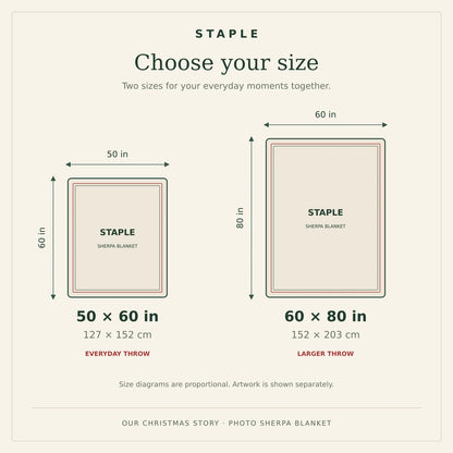 STAPLE sherpa blanket size guide showing proportionally scaled 50 by 60 inch and 60 by 80 inch throws, approximately 127 by 152 cm and 152 by 203 cm.