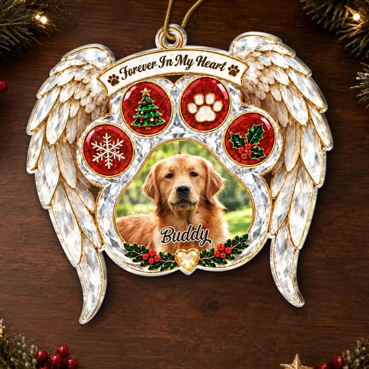 Angel wing pet memorial ornament with a dog photo, Buddy name and holiday details on a wooden background.