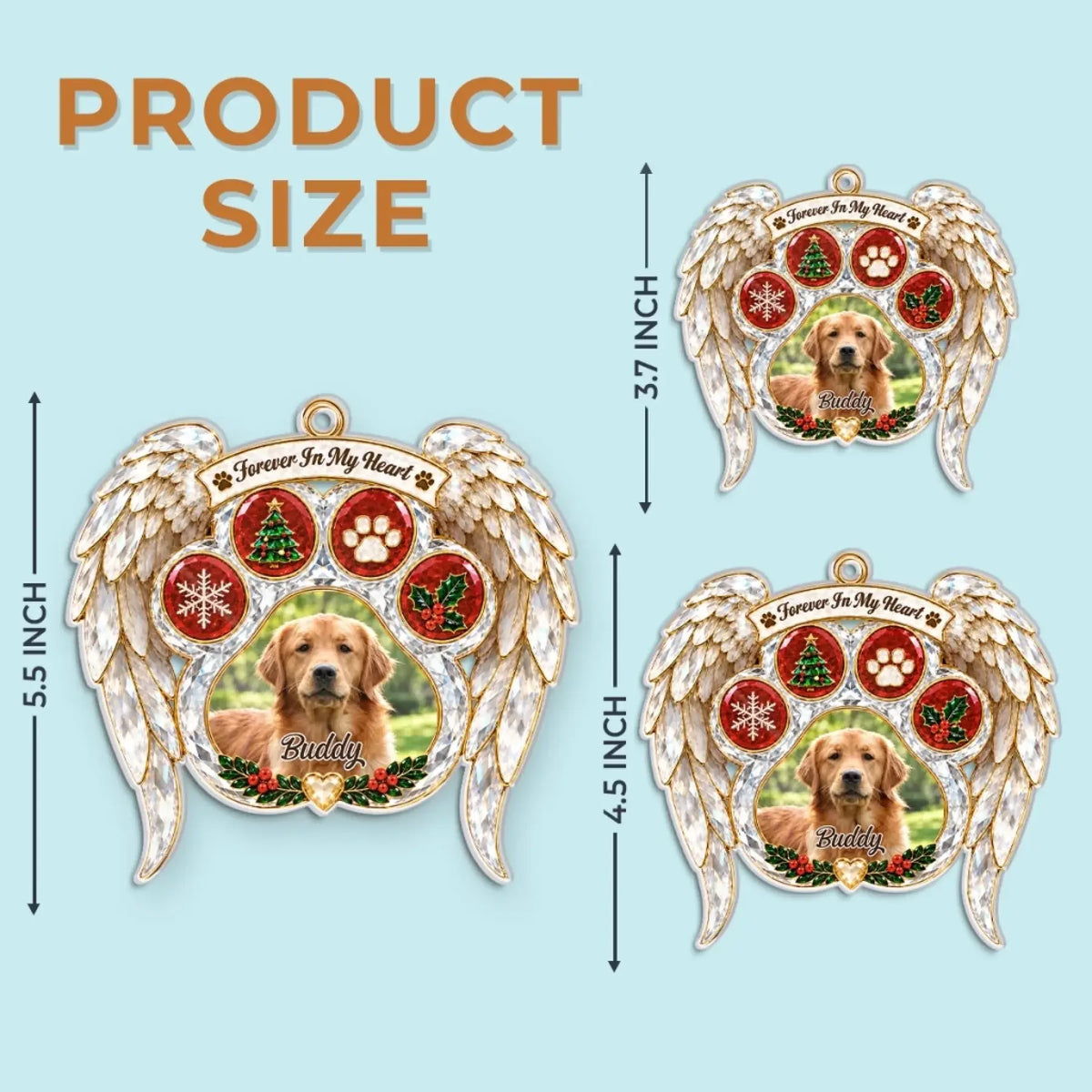 Angel wing pet memorial ornament size guide showing 3.7, 4.5 and 5.5 inch options.