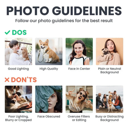 Photo upload guidelines showing good lighting, clear subjects and simple backgrounds, with examples to avoid.