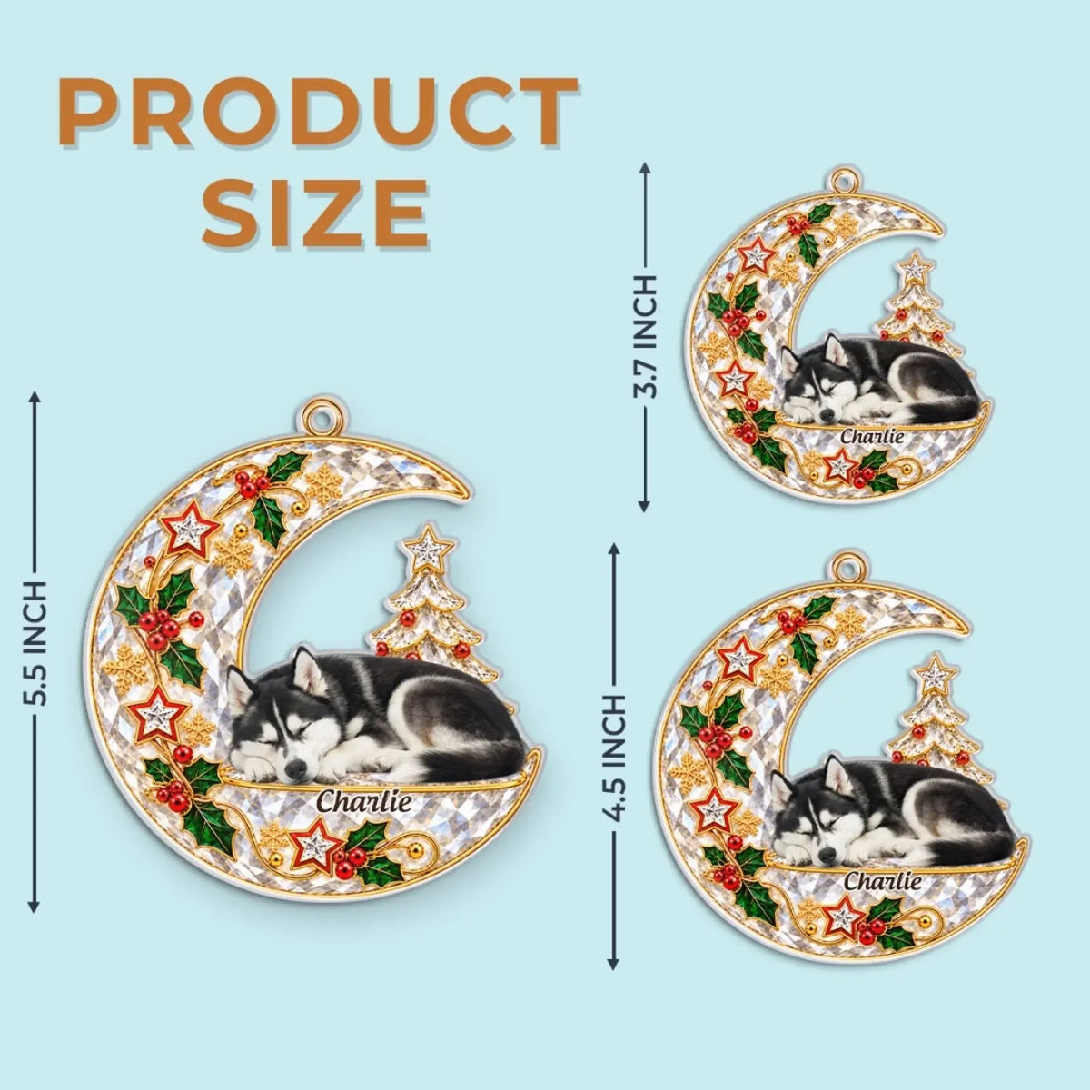 Moon pet memorial ornament size guide showing 3.7, 4.5 and 5.5 inch options.