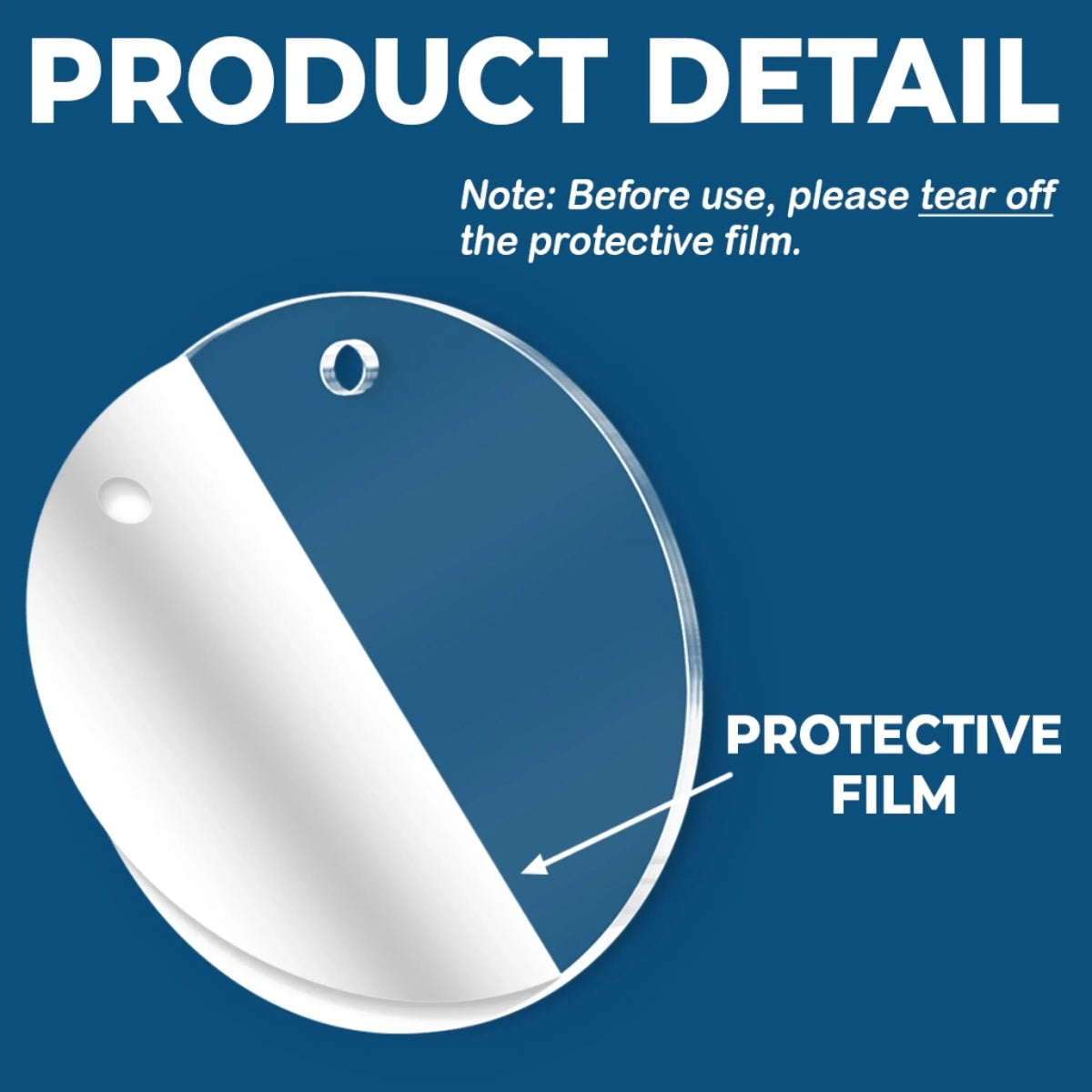 Acrylic ornament care illustration showing the protective film being peeled off before use.