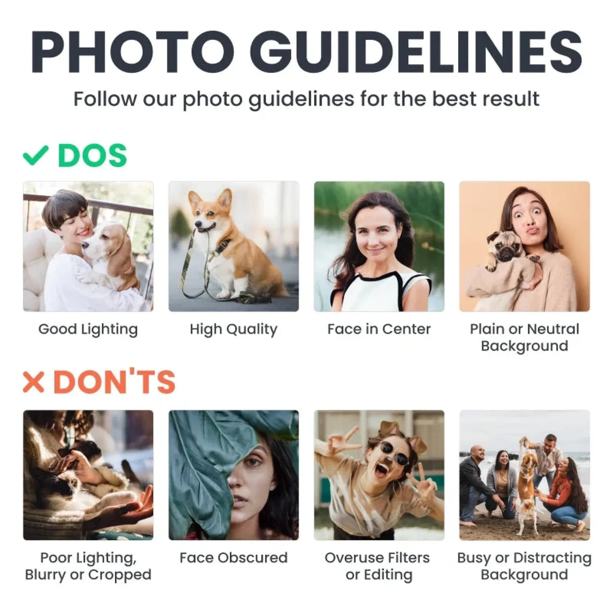Photo upload guidelines showing good lighting, clear subjects and simple backgrounds, with examples to avoid.
