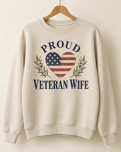 Proud Veteran Wife Heart Crewneck Sweatshirt — artwork detail mockup