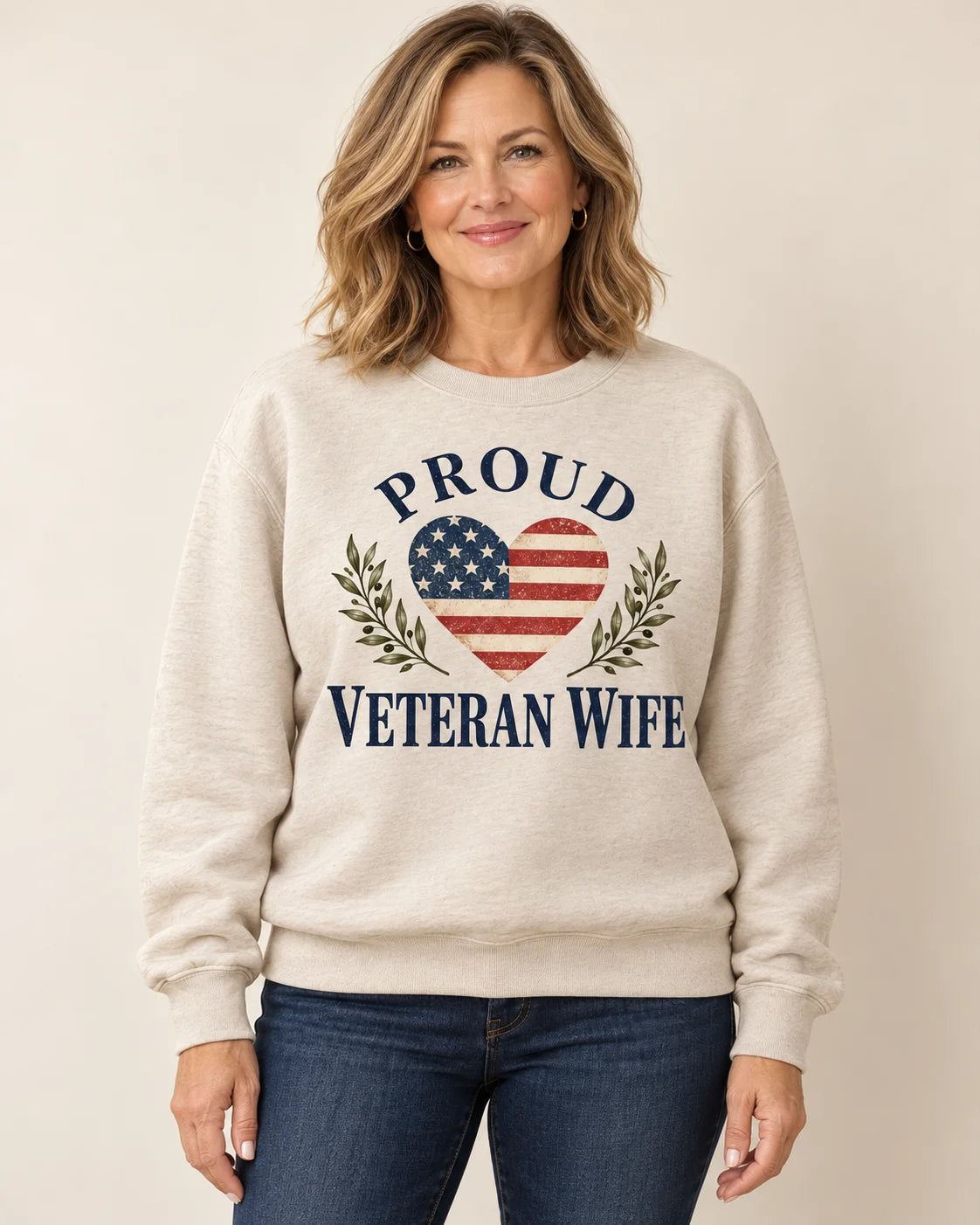 Proud Veteran Wife Heart Crewneck Sweatshirt — model wearing design mockup