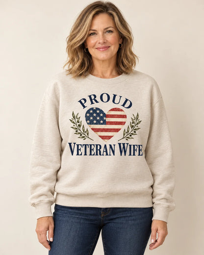 Proud Veteran Wife Heart Crewneck Sweatshirt — model wearing design mockup