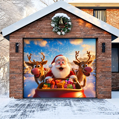 Santa & Reindeers Christmas garage door cover shown on a single garage door