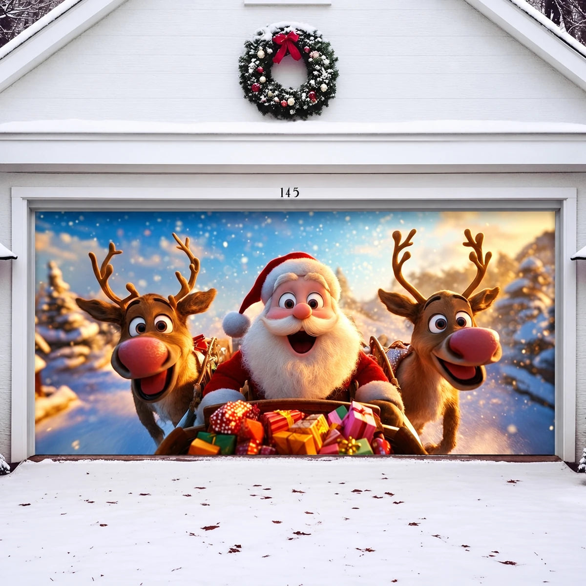 Santa & Reindeers Christmas garage door cover shown on a wide garage door