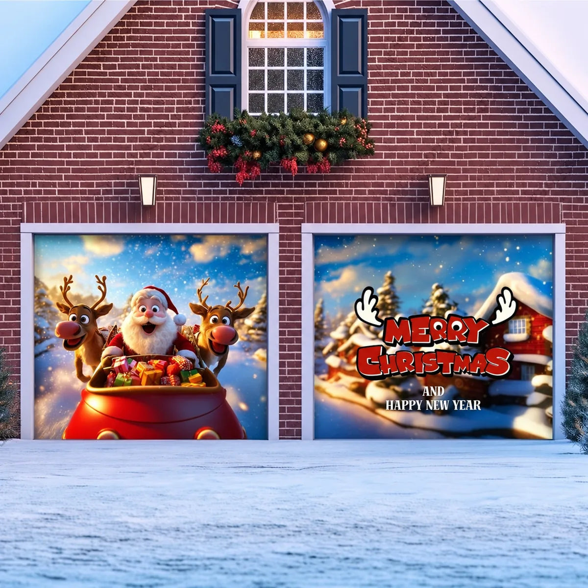 Santa & Reindeers Christmas garage door cover shown on two garage doors