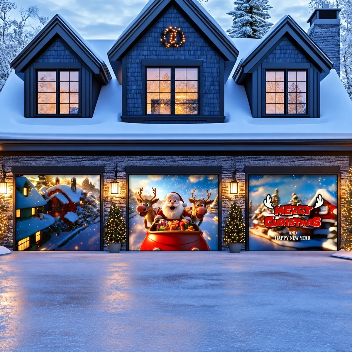 Santa & Reindeers Christmas garage door cover shown on a three-door garage