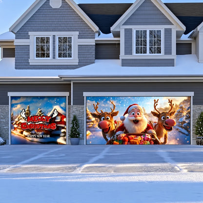 Santa & Reindeers Christmas garage door cover shown on a double-and-single garage layout