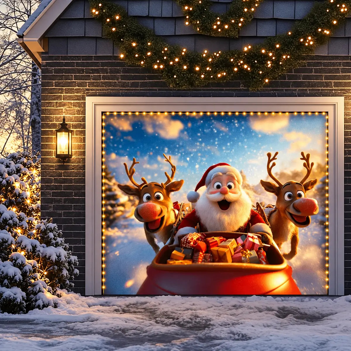 Santa & Reindeers Christmas garage door cover shown on a single garage door with the optional string light kit