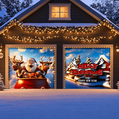 Santa & Reindeers Christmas garage door cover shown on two garage doors with the optional string light kit