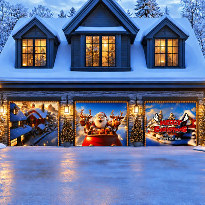 Santa & Reindeers Christmas garage door cover shown on a three-door garage with the optional string light kit