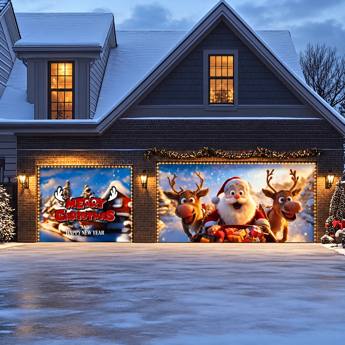 Santa & Reindeers Christmas garage door cover shown on a double-and-single garage layout with the optional string light kit
