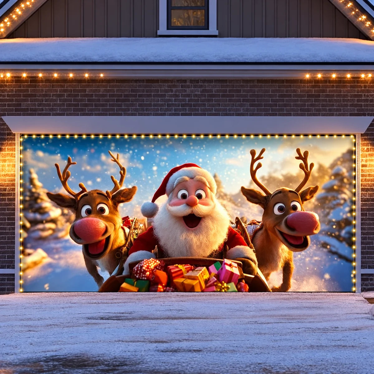Santa & Reindeers Christmas garage door cover shown on a wide garage door with the optional string light kit