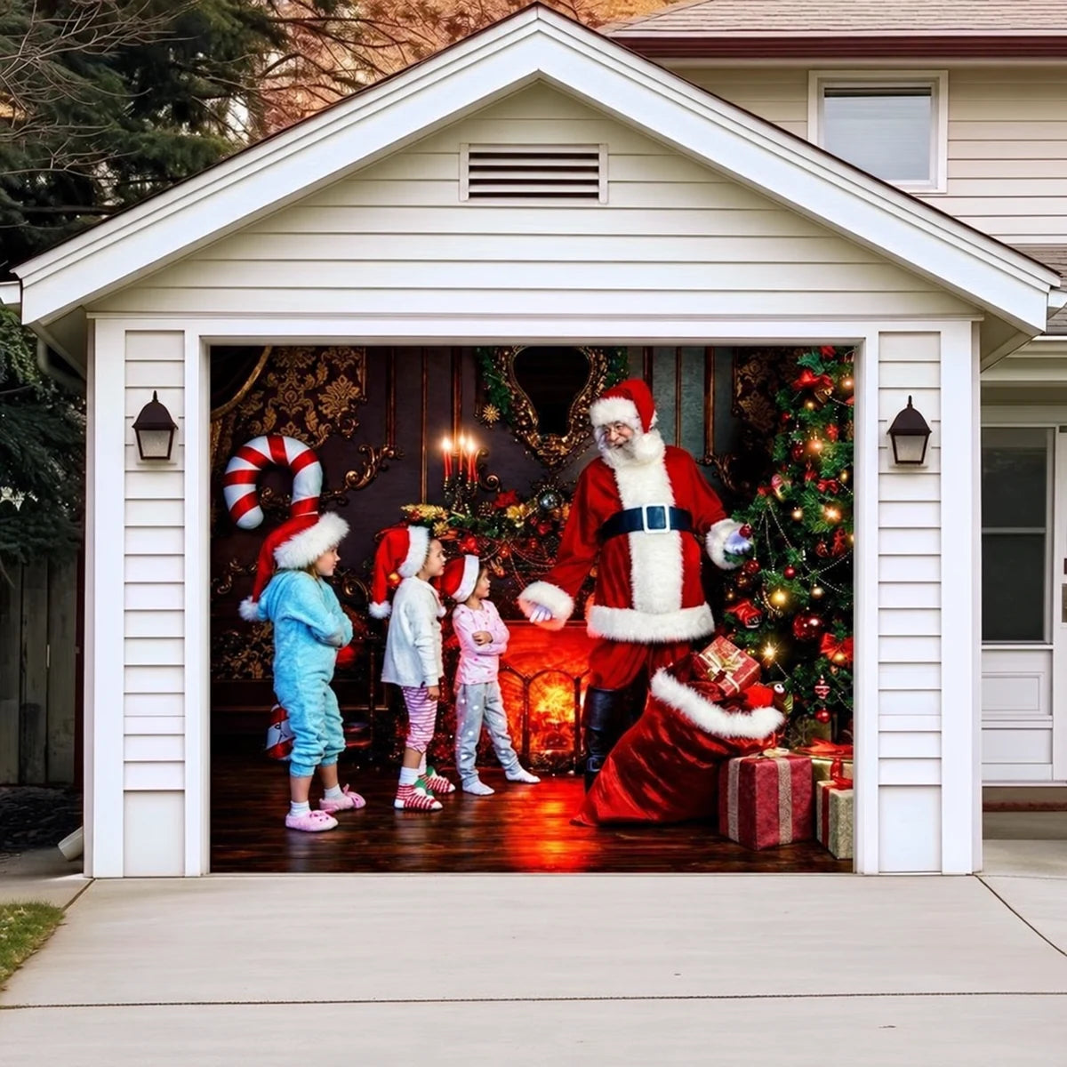 Santa With Kids Christmas garage door cover shown on a single garage door