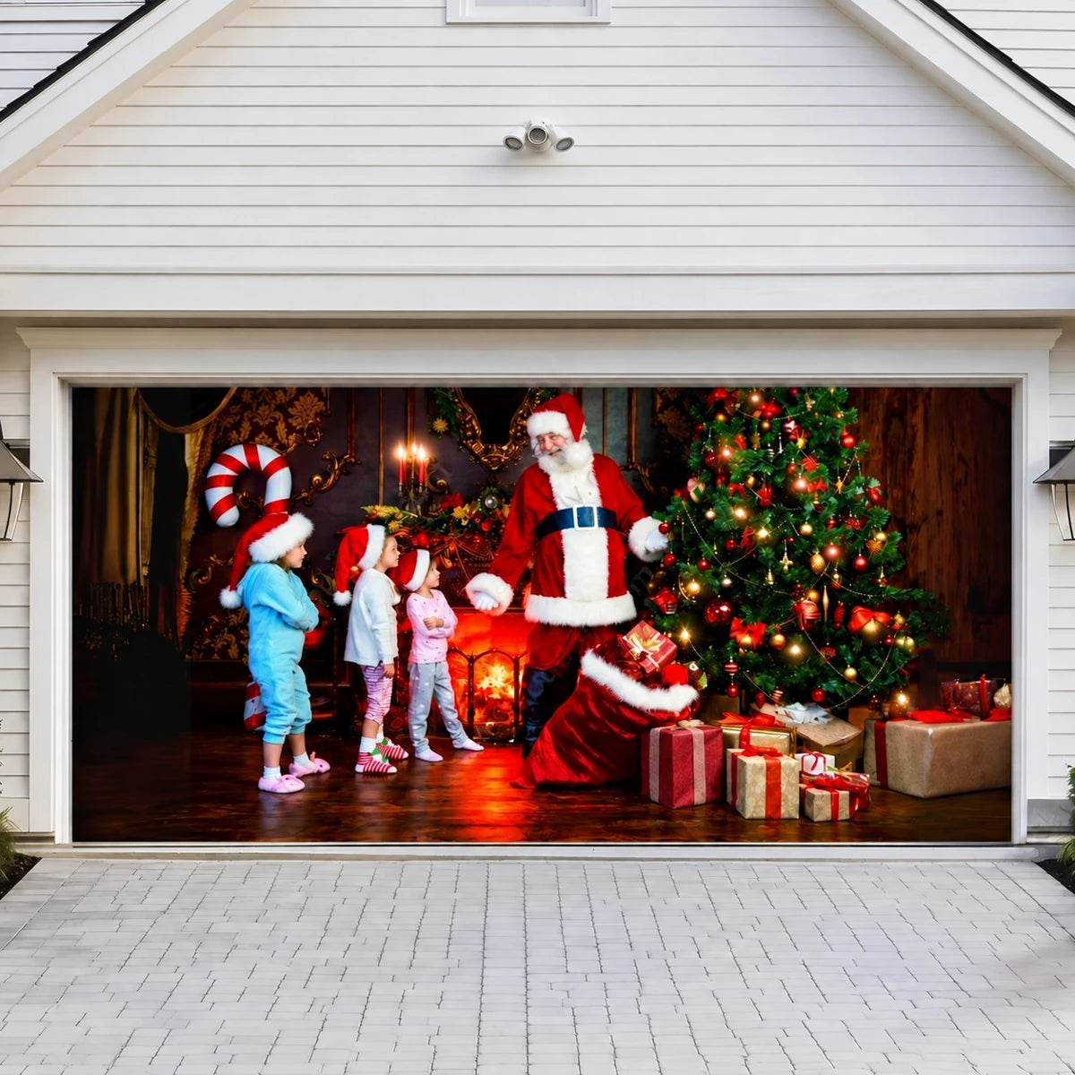 Santa With Kids Christmas garage door cover shown on a wide garage door