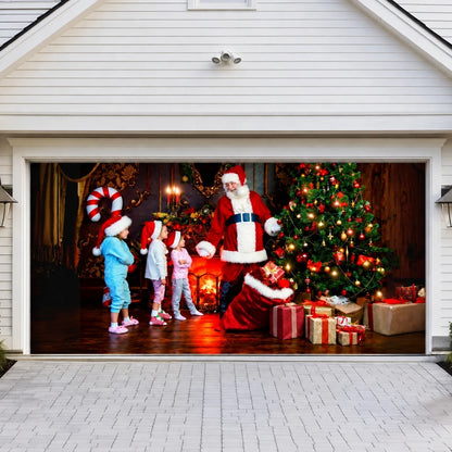 Santa With Kids Christmas garage door cover shown on a wide garage door