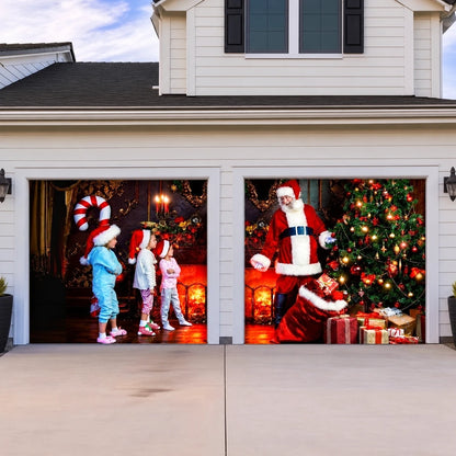 Santa With Kids Christmas garage door cover shown on two garage doors