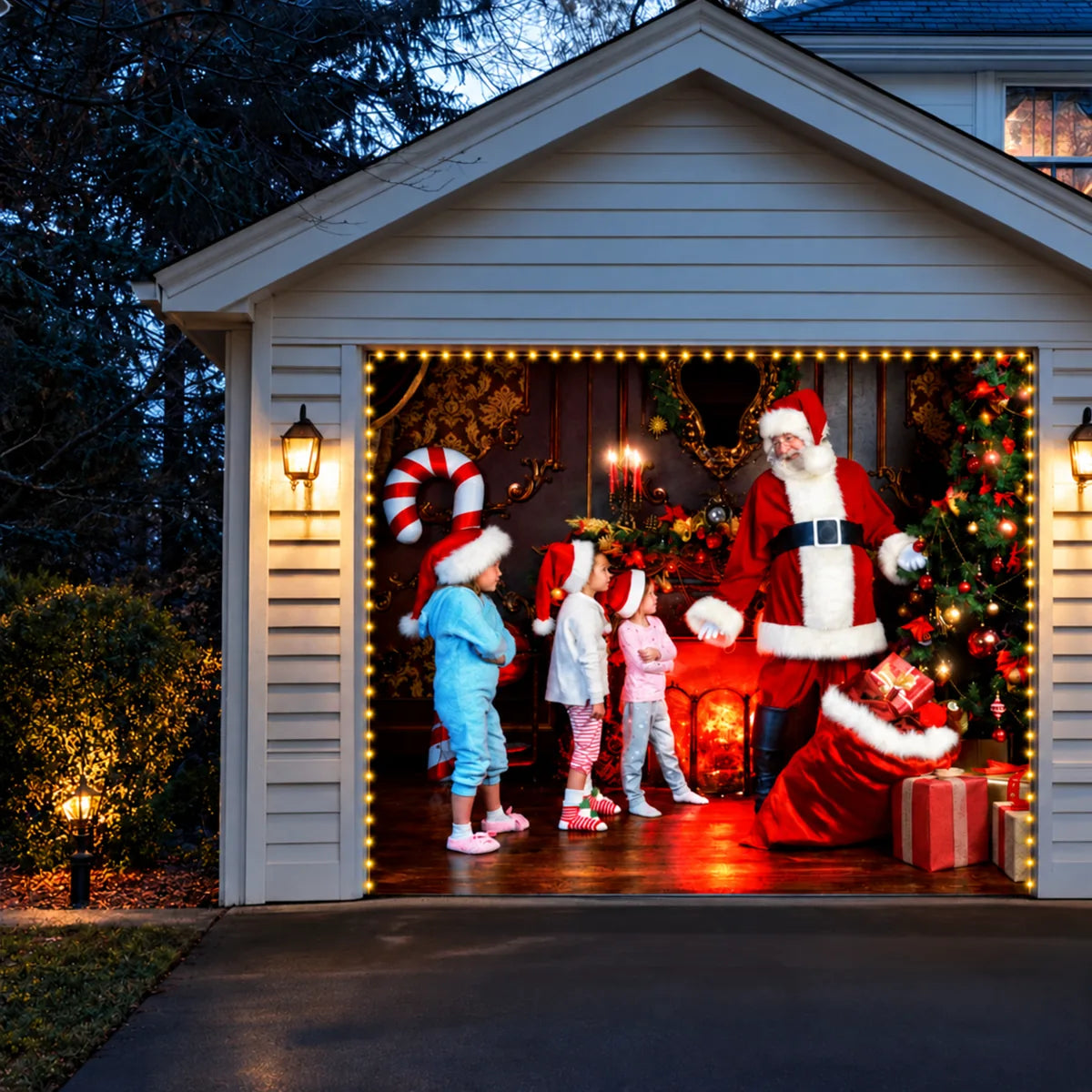 Santa With Kids Christmas garage door cover shown on a single garage door with the optional string light kit