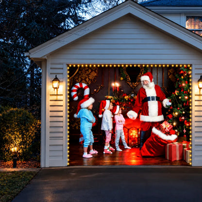 Santa With Kids Christmas garage door cover shown on a single garage door with the optional string light kit