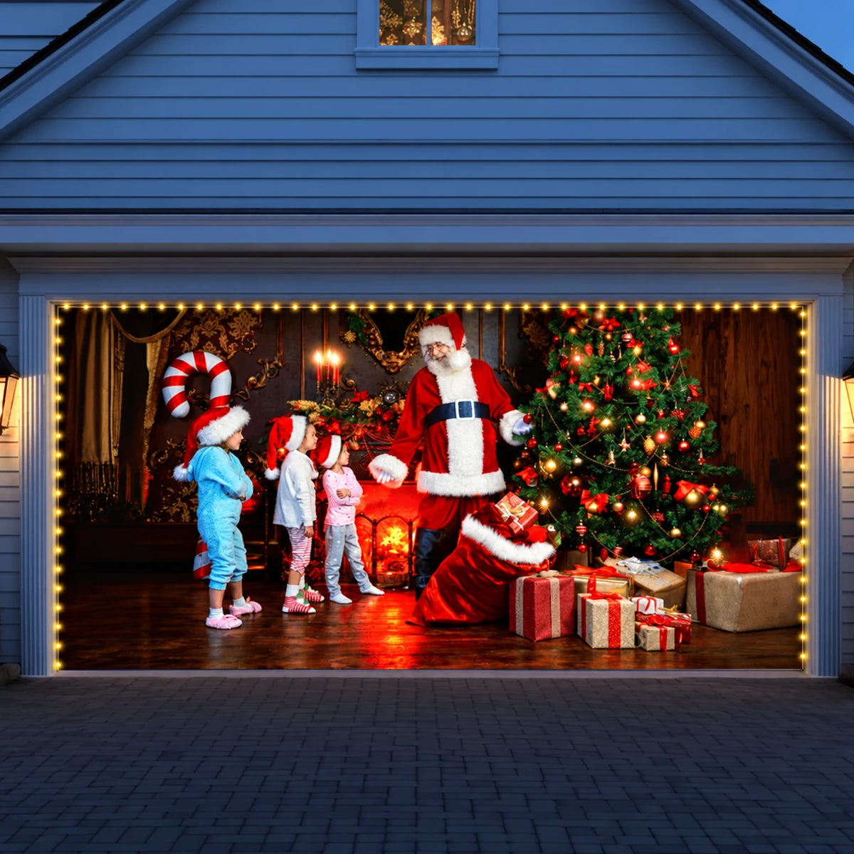 Santa With Kids Christmas garage door cover shown on a wide garage door with the optional string light kit