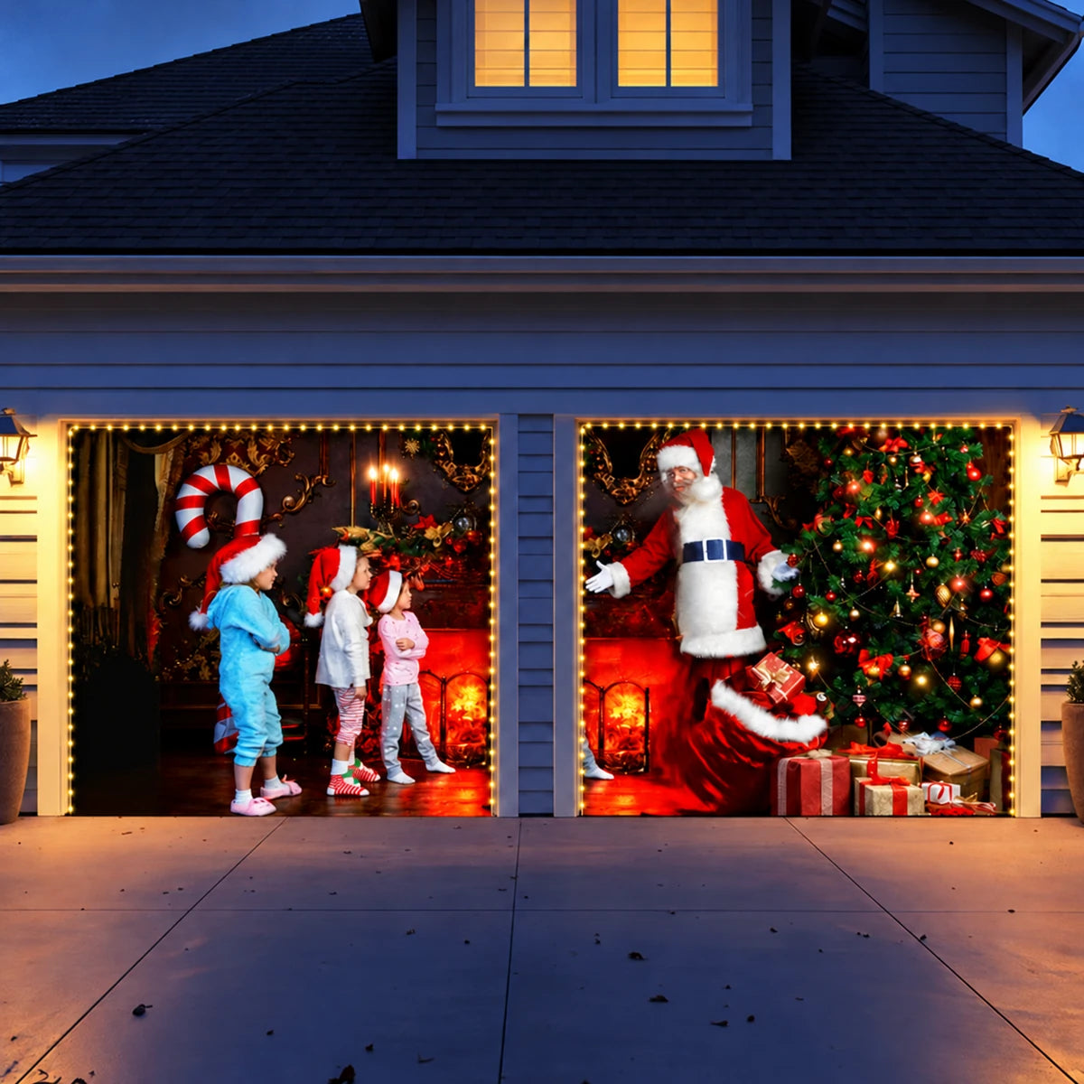 Santa With Kids Christmas garage door cover shown on two garage doors with the optional string light kit