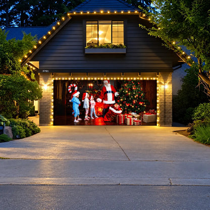 Santa With Kids Christmas garage door cover shown on a garage door