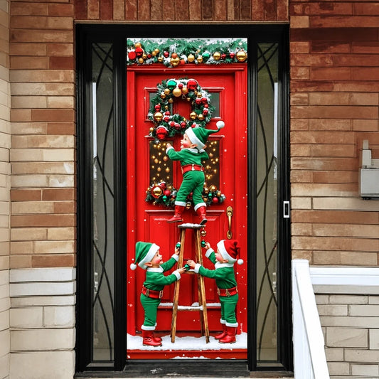 Santa’s Elves Christmas front door cover on a brick entrance.