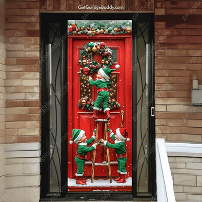 Santa’s Elves Christmas front door cover on a brick entrance.
