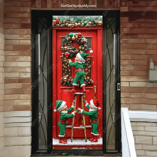 Santa’s Elves Christmas front door cover on a brick entrance.