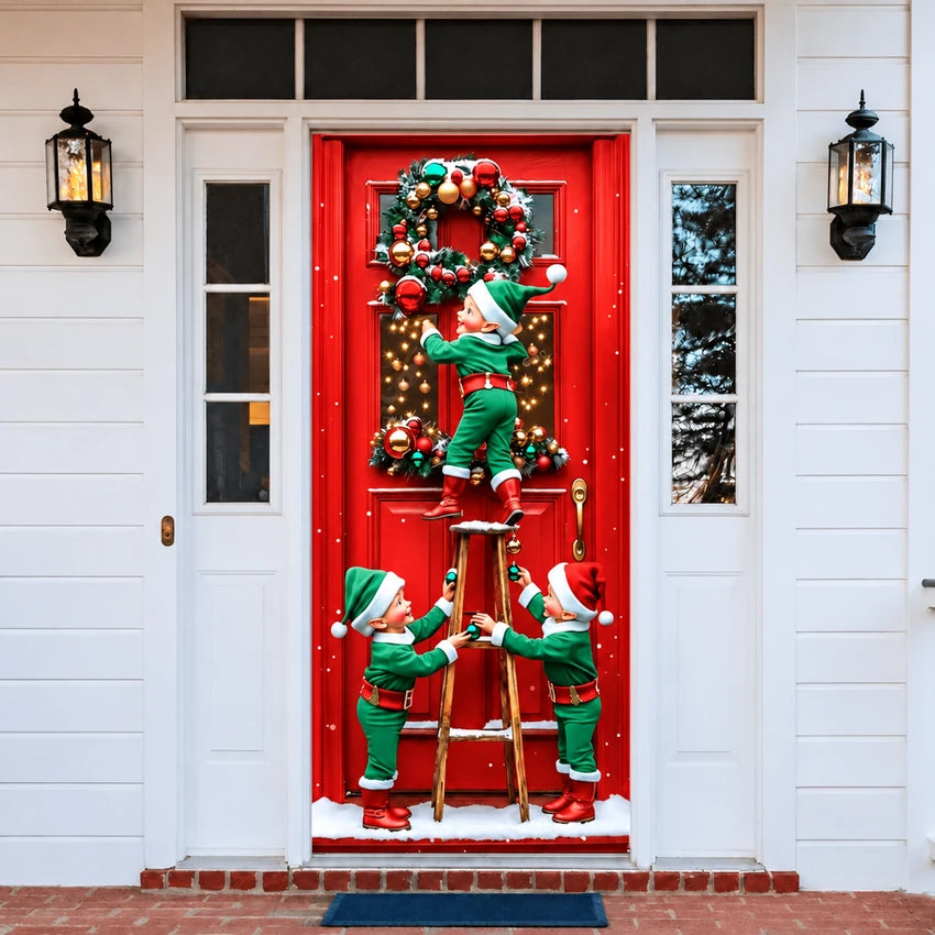 Santa’s Elves Christmas front door cover on a light-colored entrance.