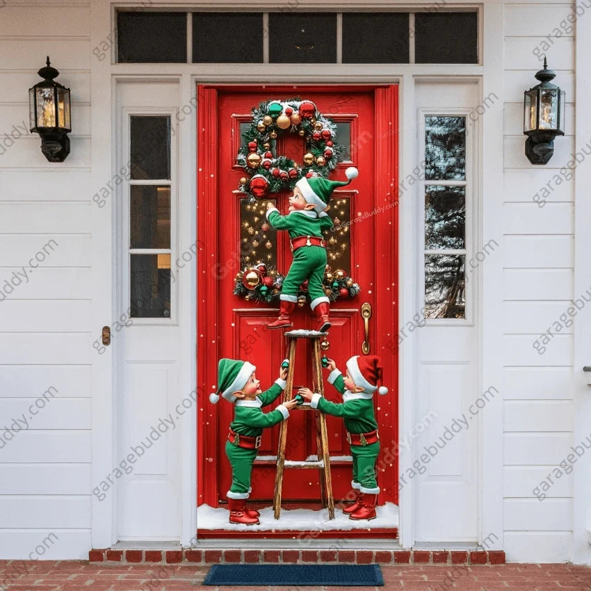 Santa’s Elves Christmas front door cover on a light-colored entrance.
