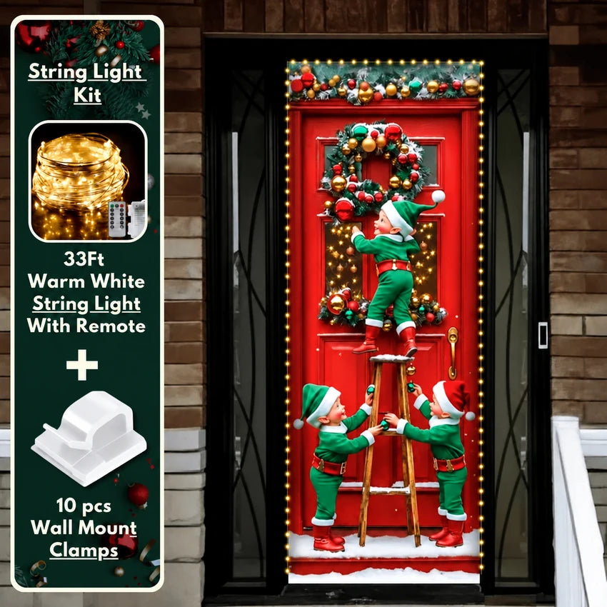 Santa’s Elves Christmas front door cover on a brick entrance with optional string light kit illustrated.