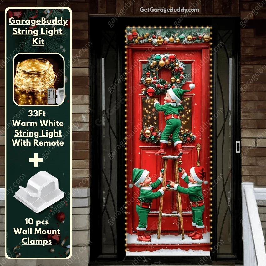 Santa’s Elves Christmas front door cover on a brick entrance with optional string light kit illustrated.