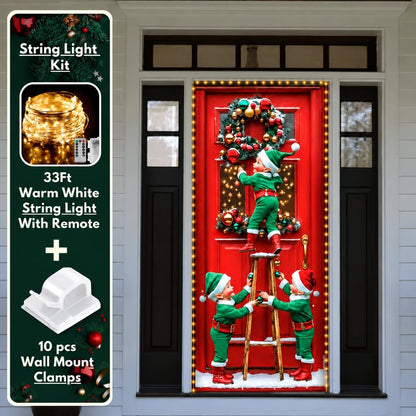 Santa’s Elves Christmas front door cover on a light-colored entrance with optional string light kit illustrated.