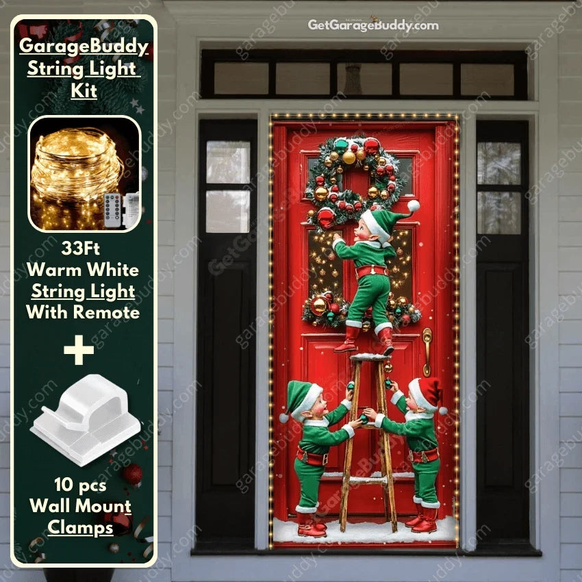 Santa’s Elves Christmas front door cover on a light-colored entrance with optional string light kit illustrated.