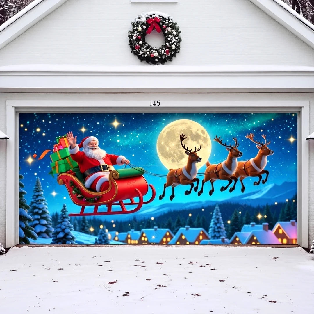 Santa's Flight Christmas garage door cover, illustrative wide-door mockup.