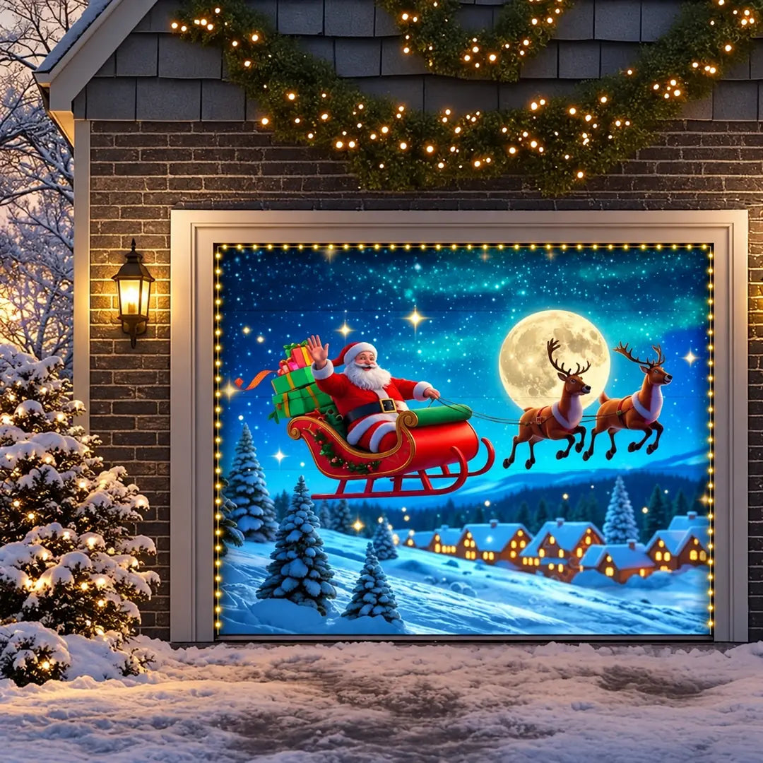 Santa's Flight Christmas garage door cover, illustrative single-door with optional lights mockup.
