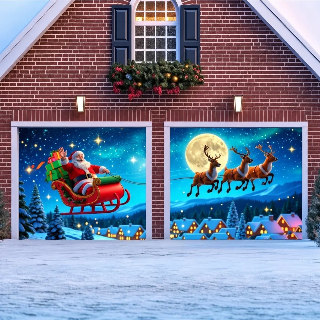 Santa's Flight Christmas garage door cover, illustrative two-door mockup.