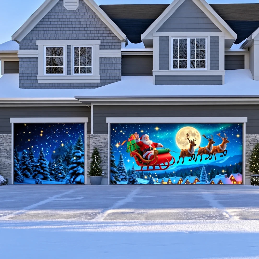 Santa's Flight Christmas garage door cover, illustrative single plus double-door mockup.
