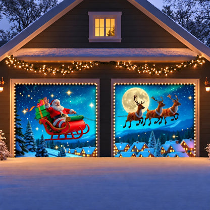 Santa's Flight Christmas garage door cover, illustrative two-door with optional lights mockup.