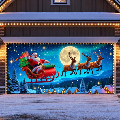 Santa's Flight Christmas garage door cover, illustrative wide-door with optional lights mockup.