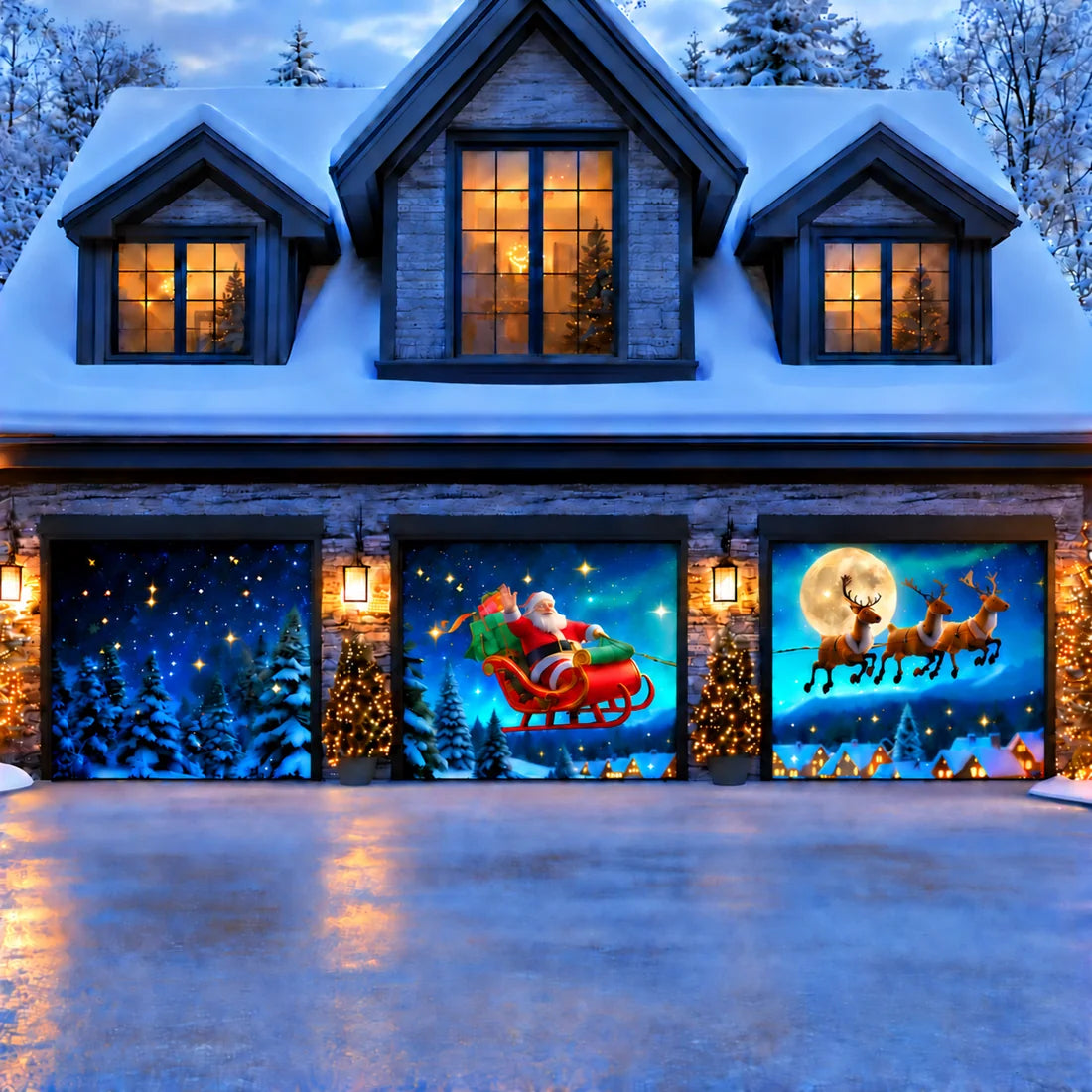 Illustrative Santa's Flight garage door cover three-door layout without optional string light kit