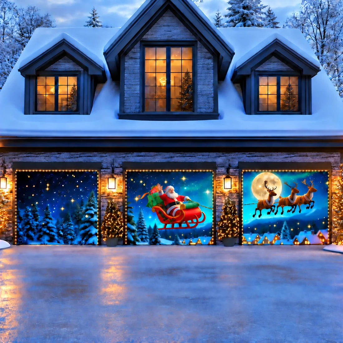 Illustrative Santa's Flight garage door cover three-door layout with optional string light kit