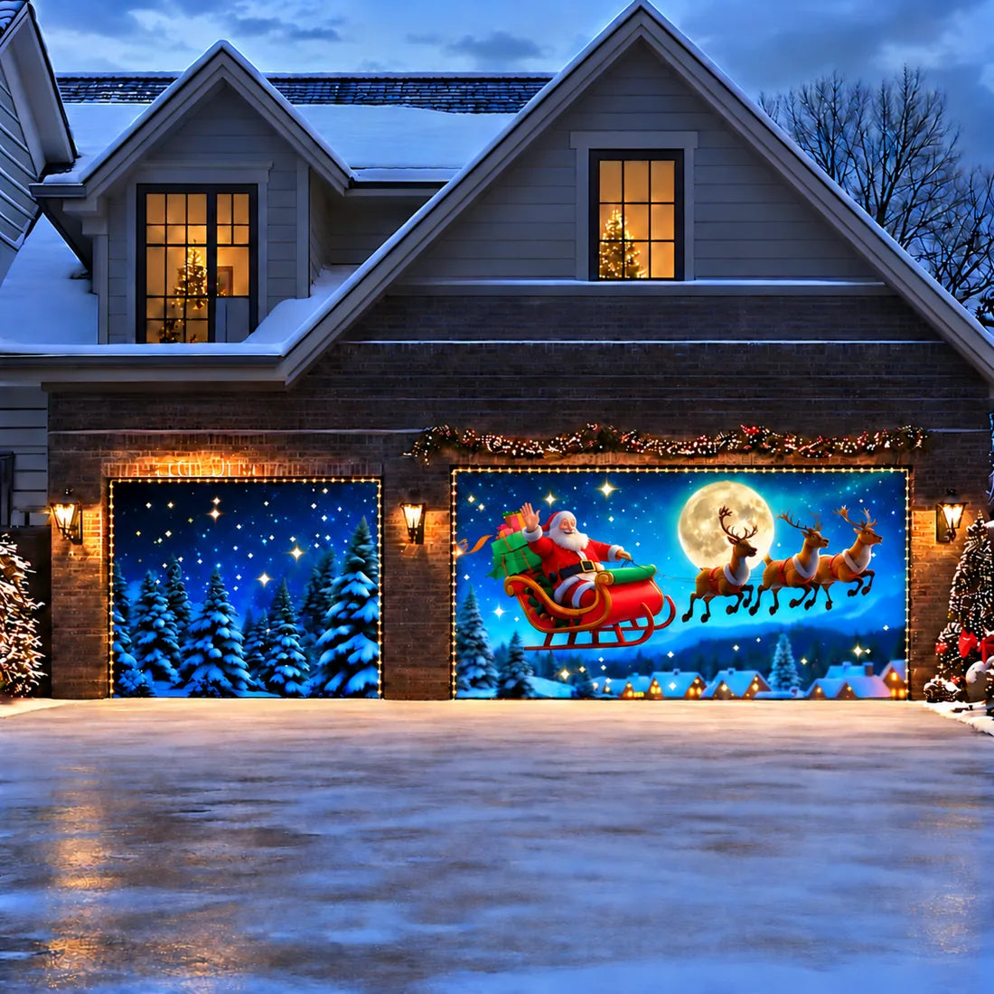 Illustrative Santa's Flight garage door cover single and double-door layout with optional string light kit