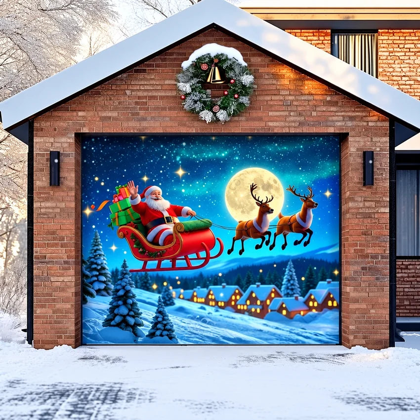 Santa's Flight (Glow) Christmas garage door cover shown on a single garage door